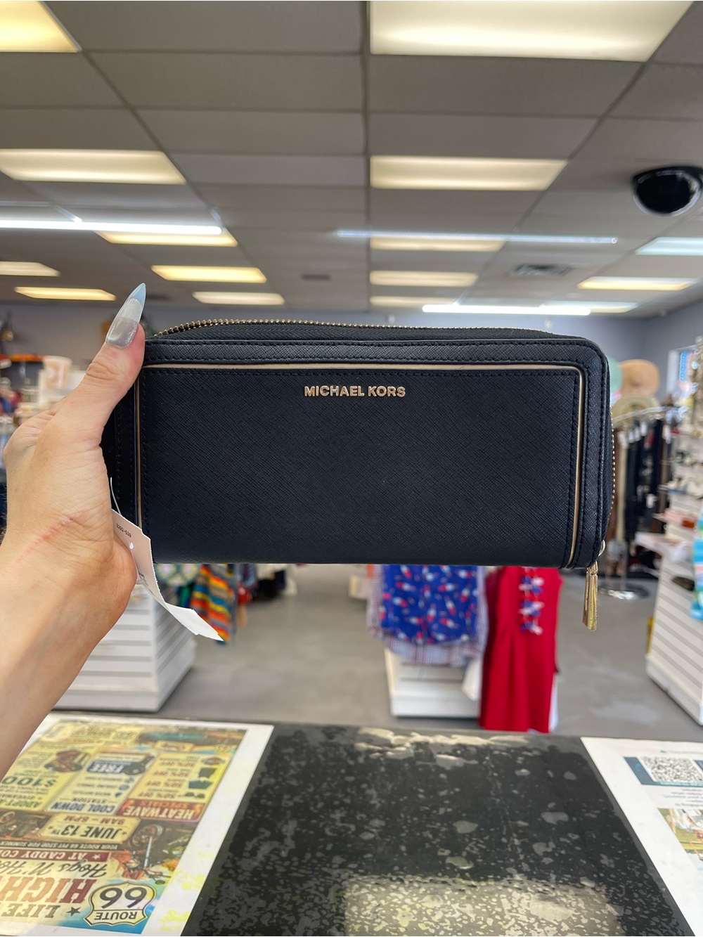 Michael Kors Black Zip-Around Saffiano Leather Wallet with Gold Hardware